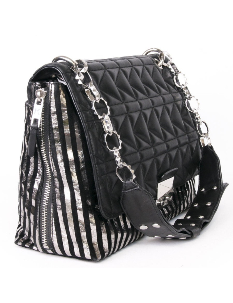 KARL LAGERFELD bands black leather flap purse silver