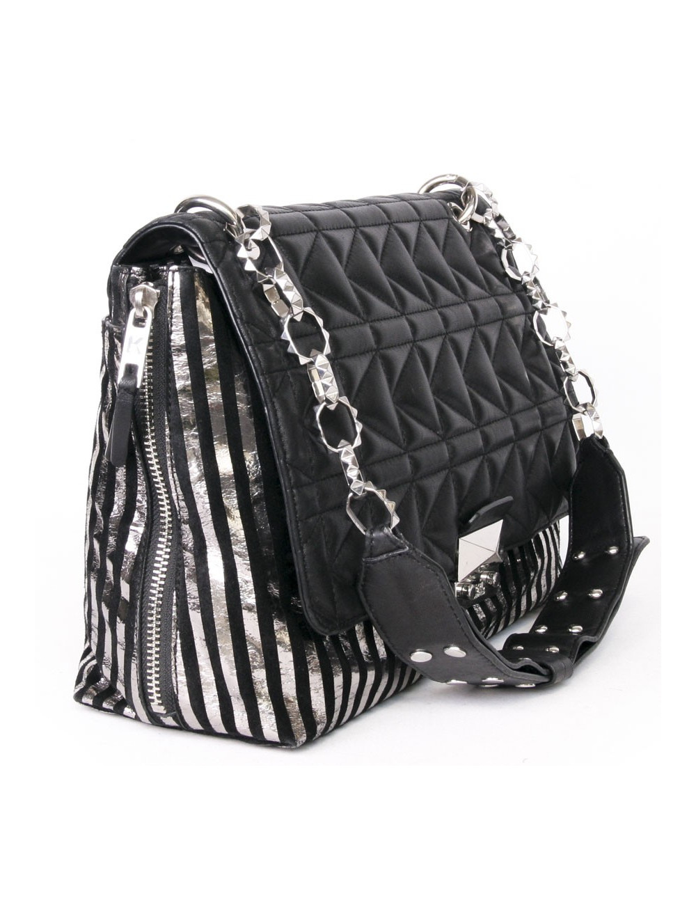 Sac à rabat KARL LAGERFELD cuir noir bandes argentées