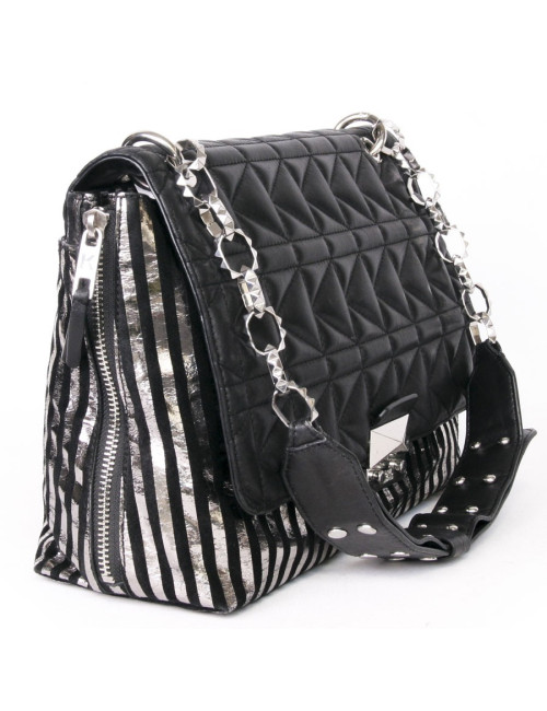 Sac à rabat KARL LAGERFELD cuir noir bandes argentées