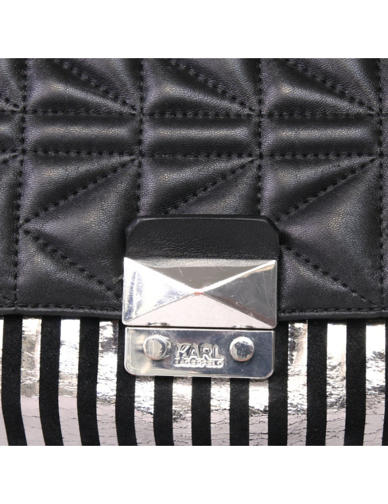 KARL LAGERFELD bands black leather flap purse silver