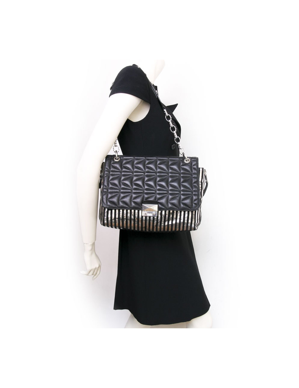 Sac à rabat KARL LAGERFELD cuir noir bandes argentées