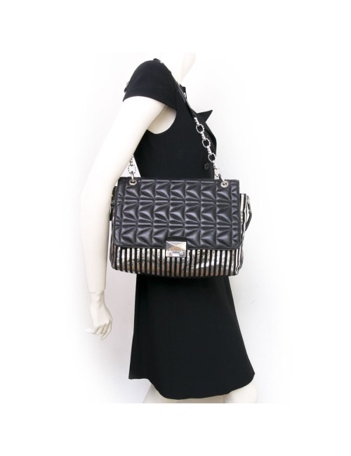 Sac à rabat KARL LAGERFELD cuir noir bandes argentées