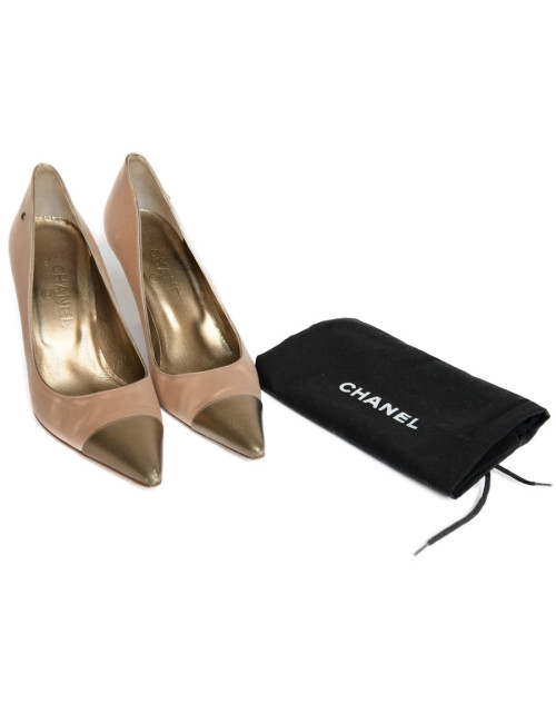 Escarpins couture CHANEL satin vieux rose et cuir bronze