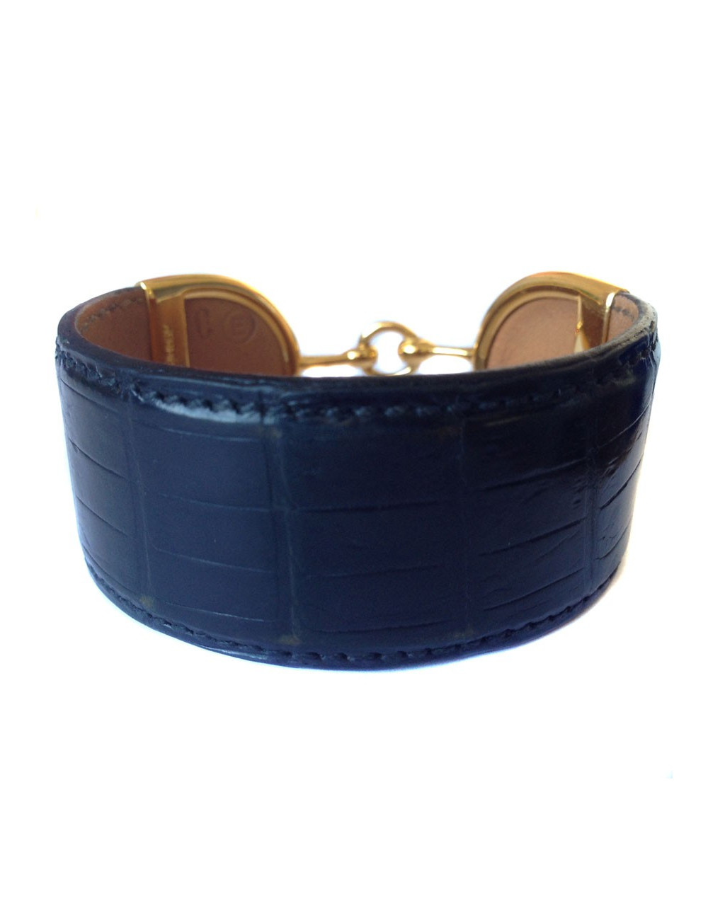 Bracelet HERMES Mors doré en crocodile noir