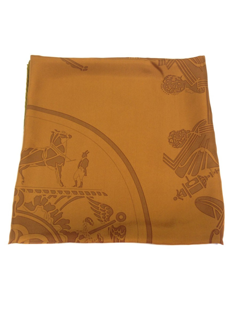 Grand châle HERMES en soie marron et bordure kaki