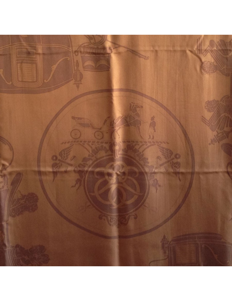 Grand châle HERMES en soie marron et bordure kaki