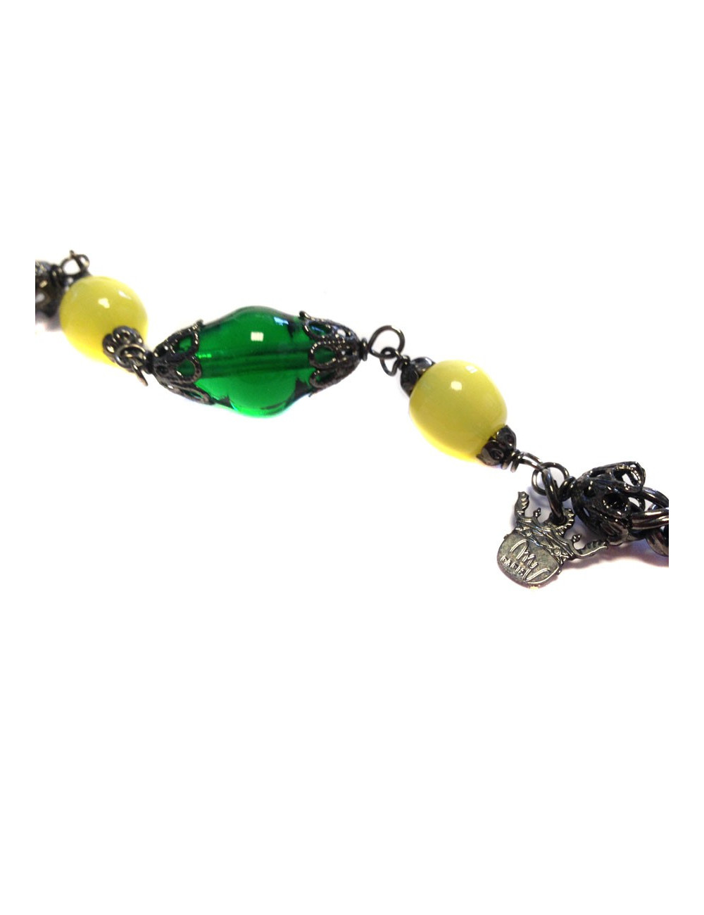 Sautoir MARGUERITE de VALOIS  chaîne ruthénium et pâte de verre vert émeraude et jaune clair