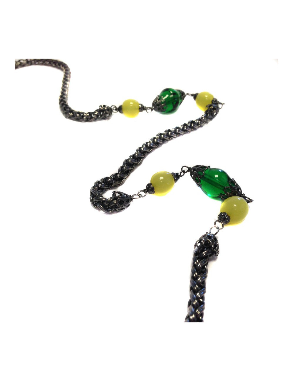 Sautoir MARGUERITE de VALOIS  chaîne ruthénium et pâte de verre vert émeraude et jaune clair