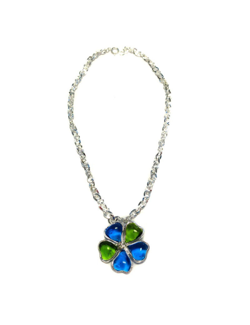 Collier fleurette MARGUERITE de VALOIS en pâte de verre vert et bleu