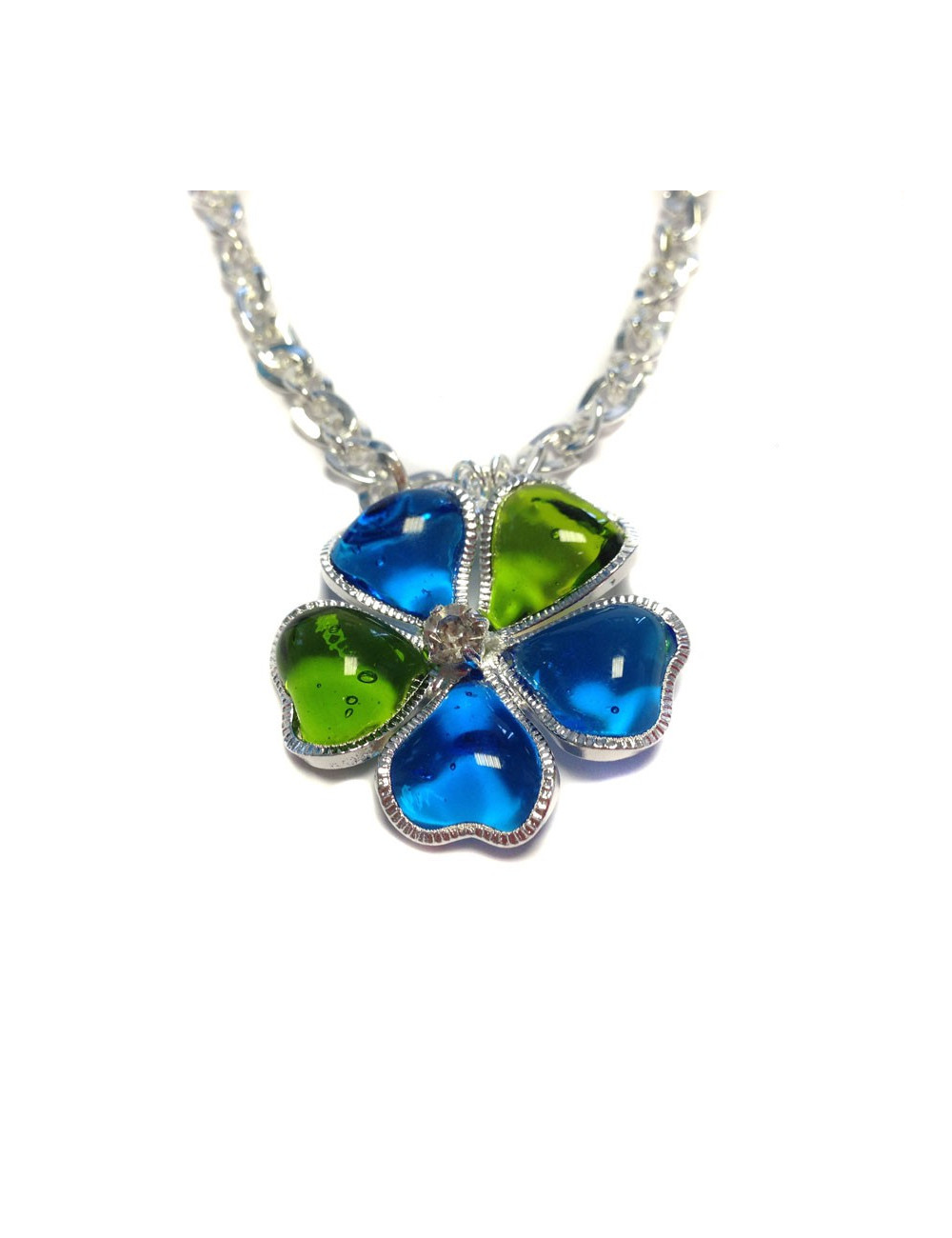 Collier fleurette MARGUERITE de VALOIS en pâte de verre vert et bleu