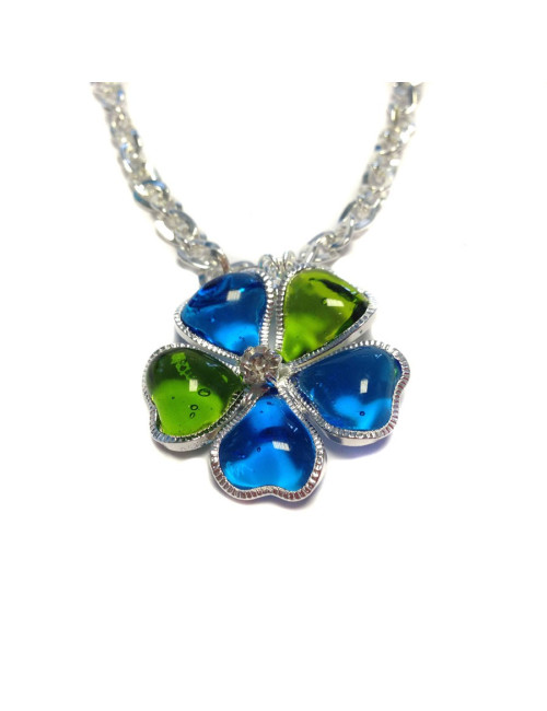 Collier fleurette MARGUERITE de VALOIS en pâte de verre vert et bleu