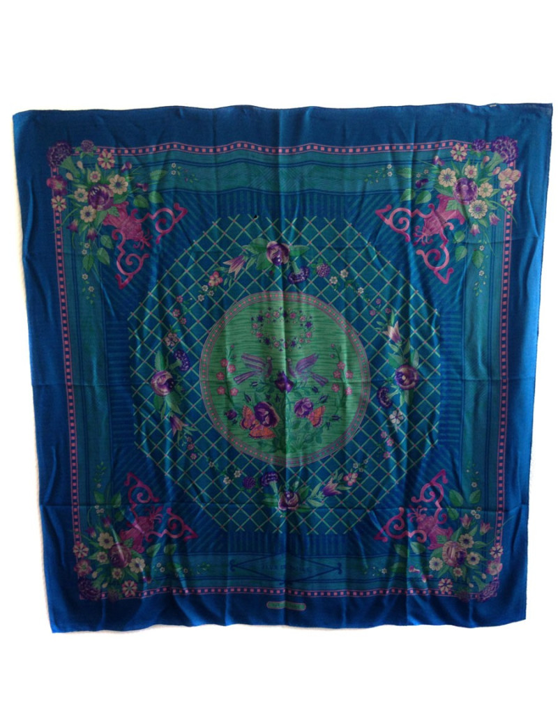 Châle HERMES "Jeu de paille" en cachemire et soie bleu canard