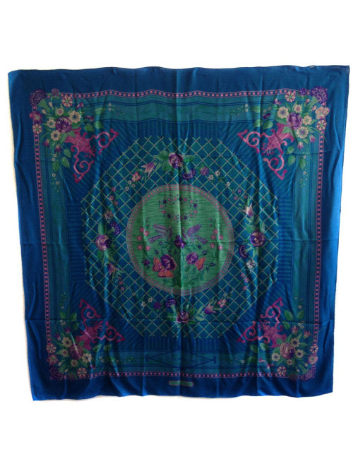 Châle HERMES "Jeu de paille" en cachemire et soie bleu canard