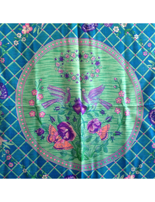 Châle HERMES "Jeu de paille" en cachemire et soie bleu canard