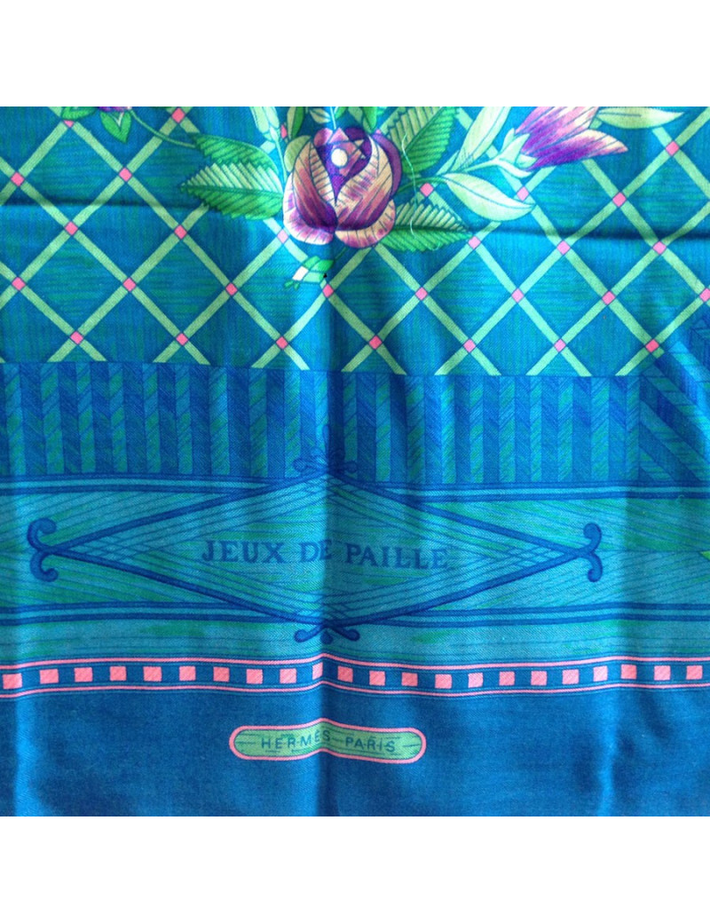 Châle HERMES "Jeu de paille" en cachemire et soie bleu canard