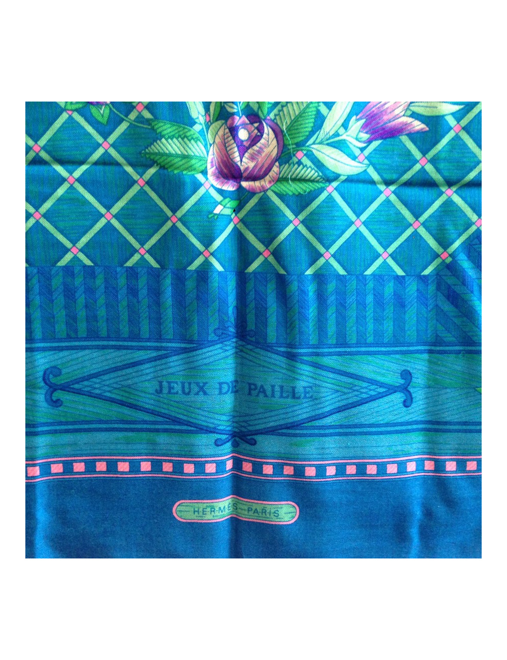 Shawl HERMES 'Game of straw' in cashmere and silk blue duck