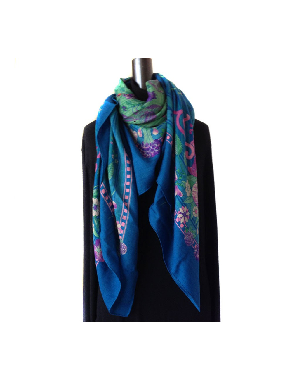 Shawl HERMES 'Game of straw' in cashmere and silk blue duck