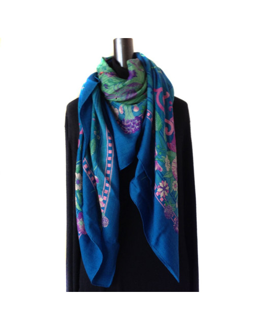Shawl HERMES 'Game of straw' in cashmere and silk blue duck