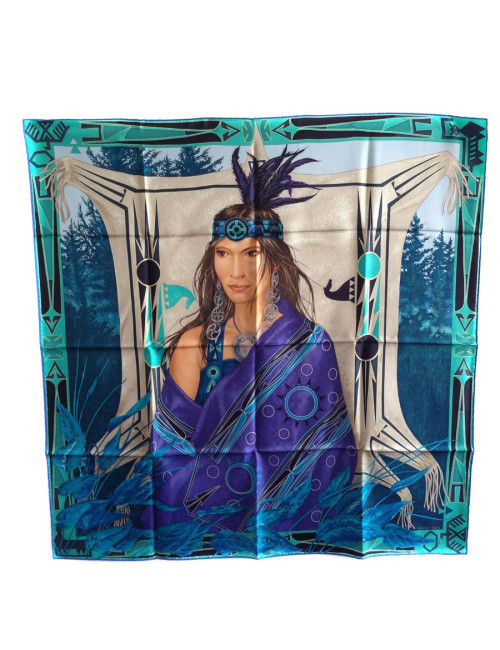 Carré HERMES "L'INDIEN PANI LA SHAR PWANEE" en soie bleue