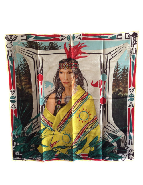Carré HERMES "WA'KO NI" princesse indienne en soie jaune