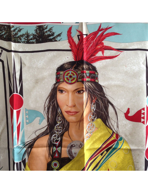 Carré HERMES "WA'KO NI" princesse indienne en soie jaune