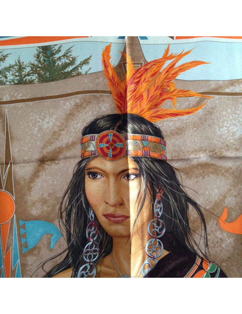 Carré HERMES "WA'KO NI" princesse indienne en soie orange