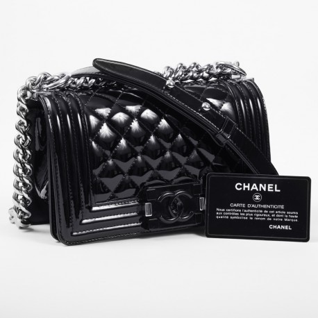 Chanel Vintage 1997 Name Plate Black Patent Leather Top Handle Bag