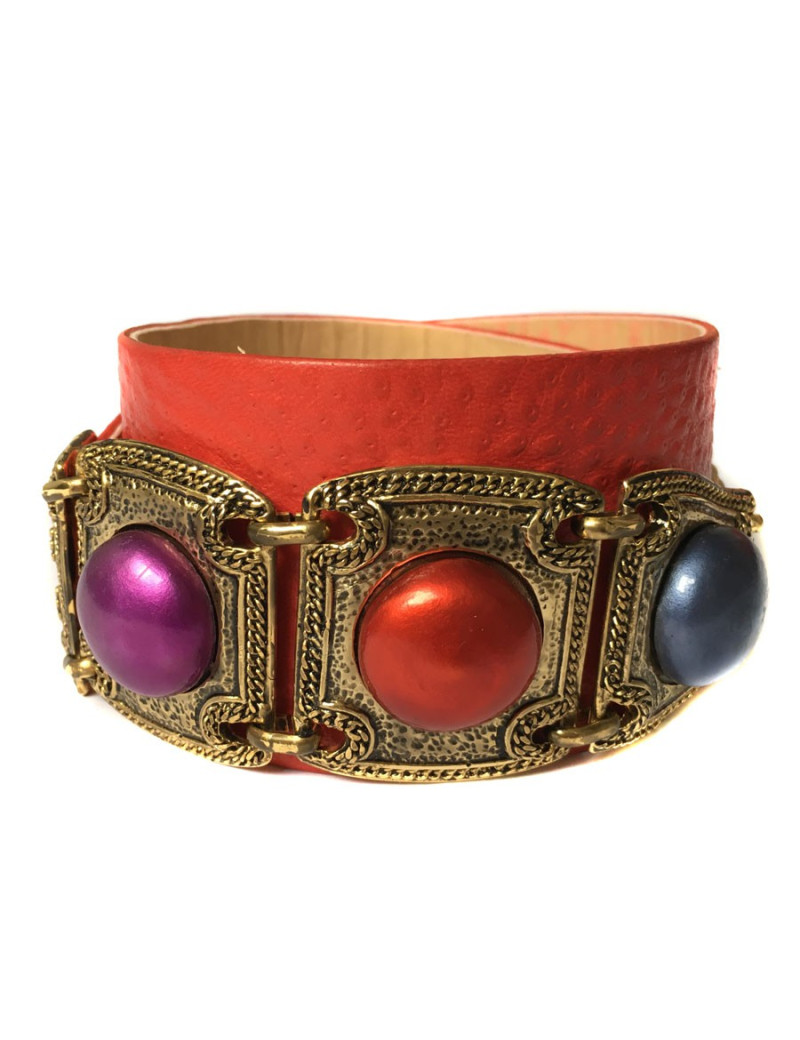 Ceinture EMANUEL UNGARO Vintage en cuir rouge et bijoux en métal 