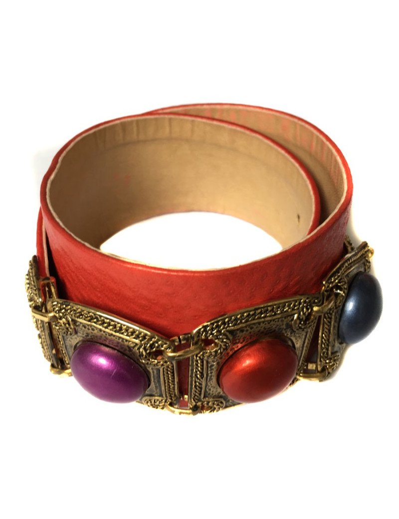 Ceinture EMANUEL UNGARO Vintage en cuir rouge et bijoux en métal 