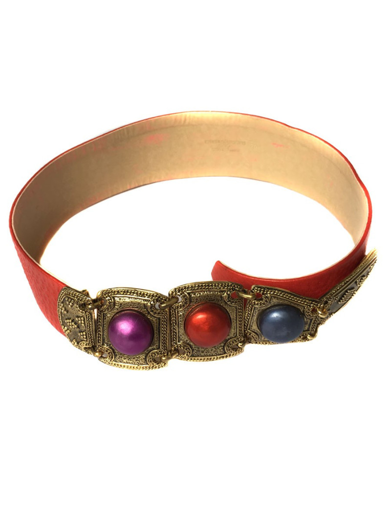 Ceinture EMANUEL UNGARO Vintage en cuir rouge et bijoux en métal 