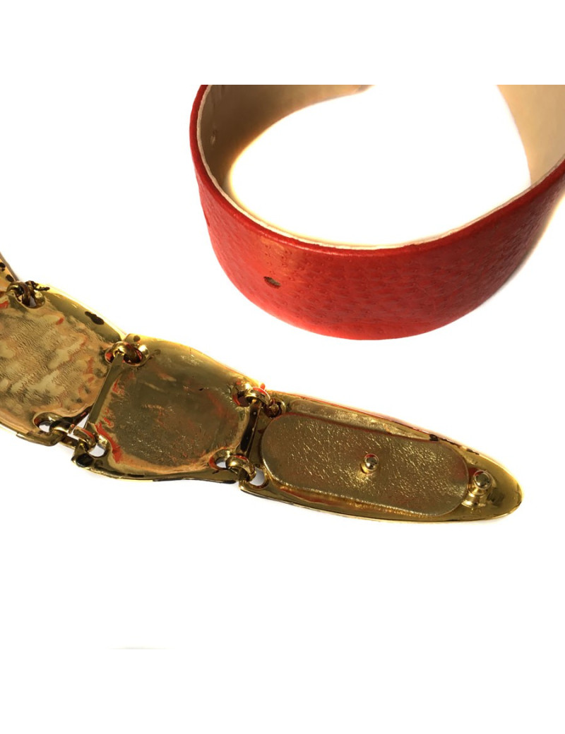 Ceinture EMANUEL UNGARO Vintage en cuir rouge et bijoux en métal 