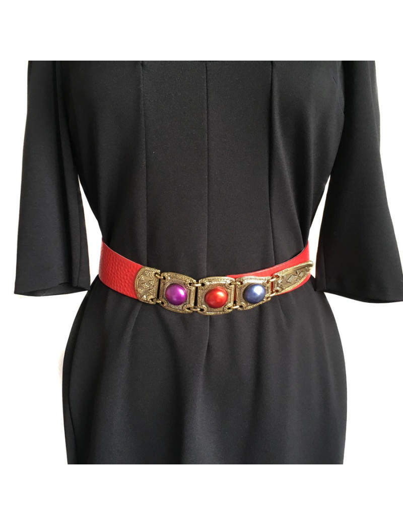 Ceinture EMANUEL UNGARO Vintage en cuir rouge et bijoux en métal 