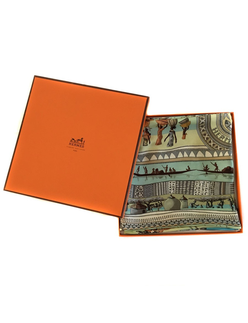 Carré HERMES "Vie du fleuve" en soie bleu