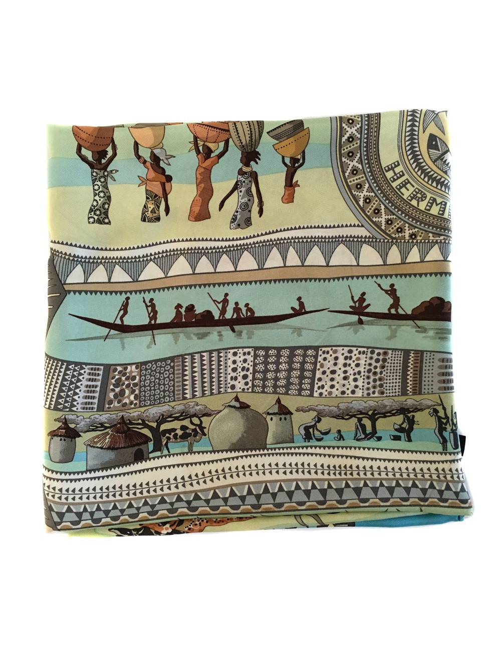 Carré HERMES "Vie du fleuve" en soie bleu