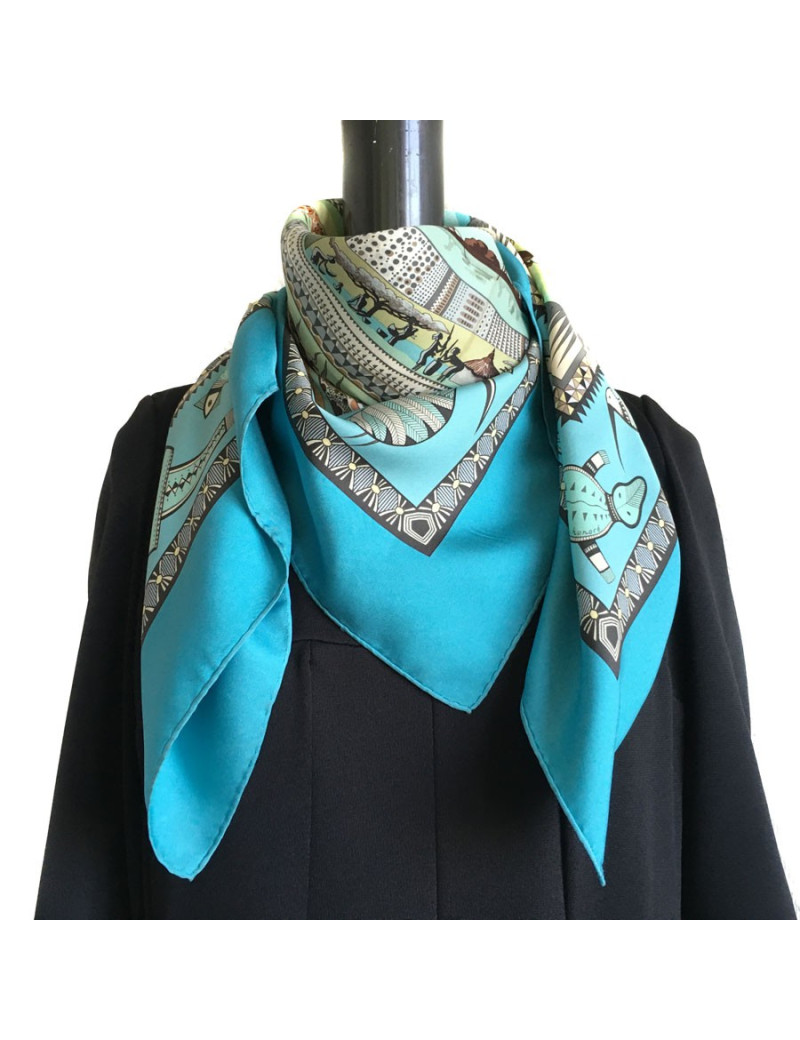 Carré HERMES "Vie du fleuve" en soie bleu