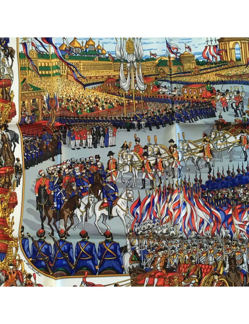 Square HERMES "Great procession in Moscow" in blue silk