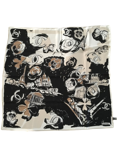 Foulard CHANEL "Paris" en soie beige et noir