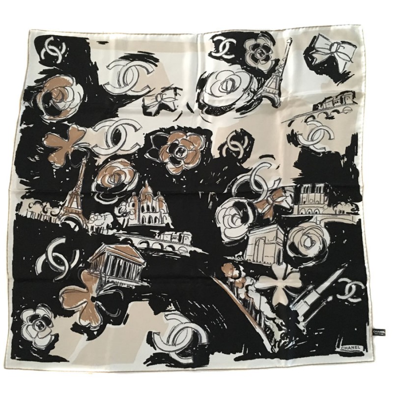 CHANEL scarf in black and white silk - VALOIS VINTAGE PARIS