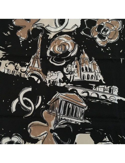 Foulard CHANEL "Paris" en soie beige et noir