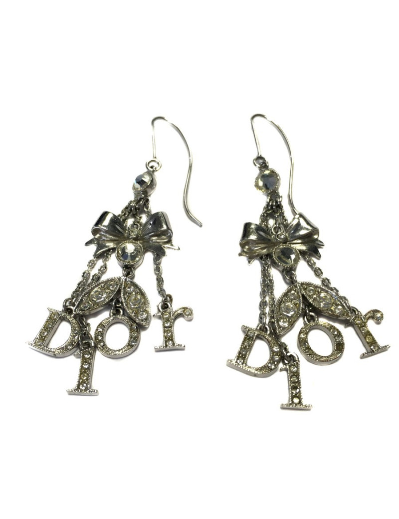 Boucles d'oreille clous DIOR en métal argenté et strass