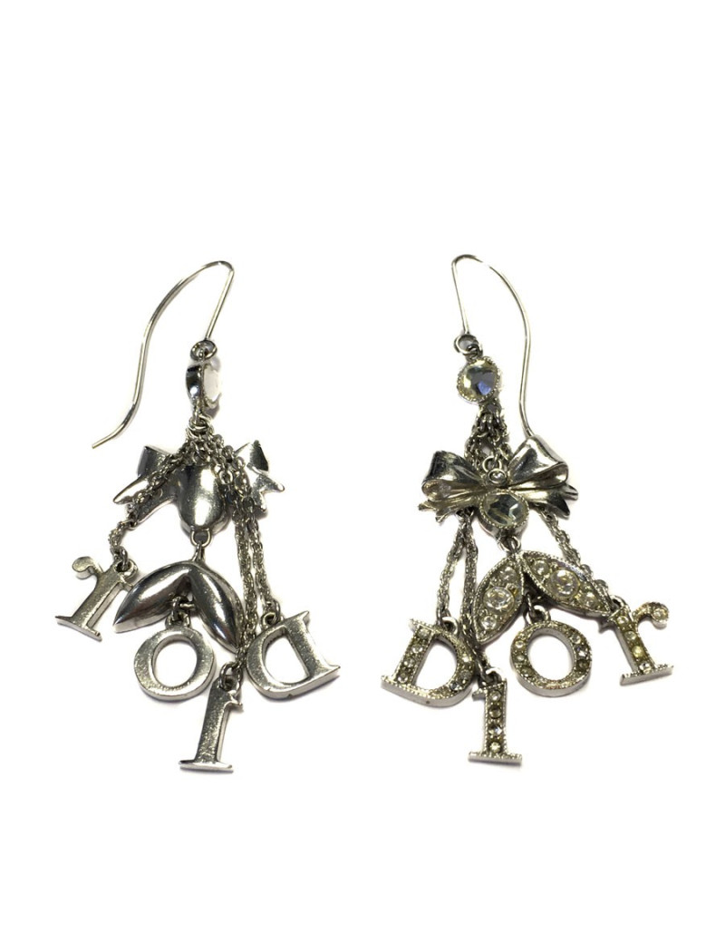 Boucles d'oreille clous DIOR en métal argenté et strass