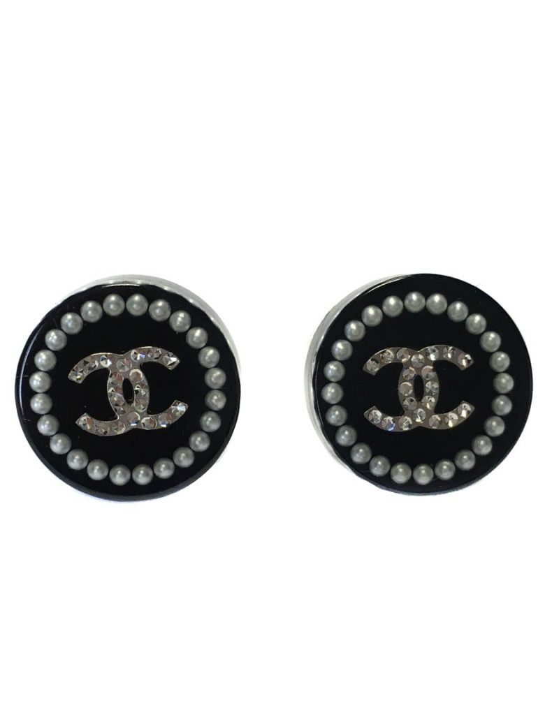 Boucles d'oreille  Clous CHANEL noirs et strass
