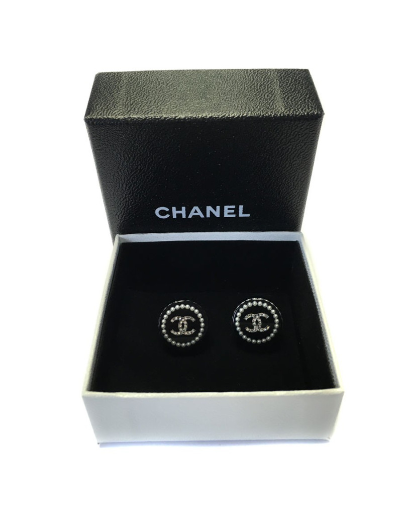 Boucles d'oreille  Clous CHANEL noirs et strass