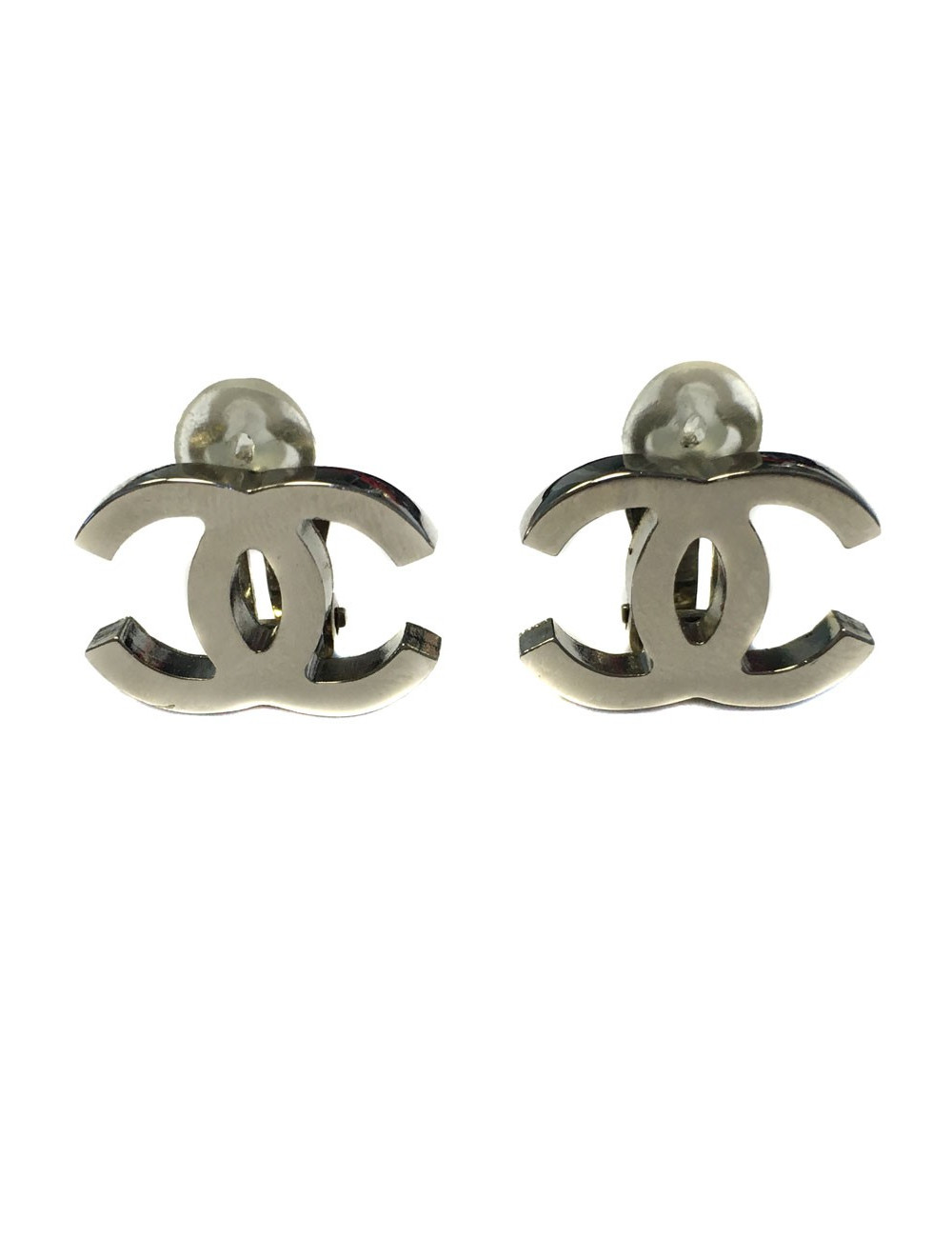 Clips d'oreille CHANEL CC en métal argenté
