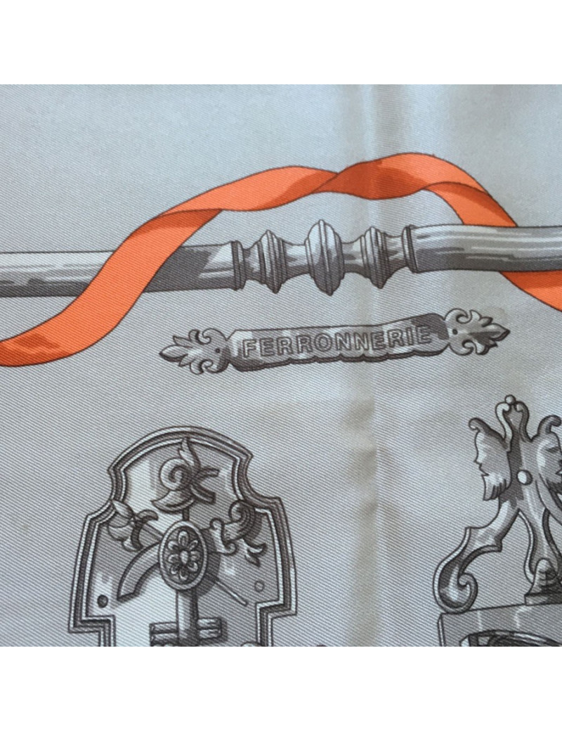"Ironwork" HERMES square silk tow, gray and orange