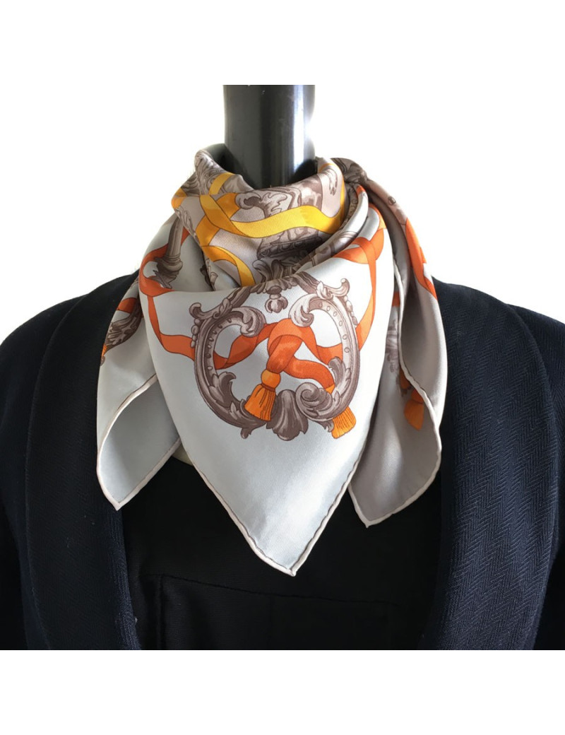 "Ironwork" HERMES square silk tow, gray and orange