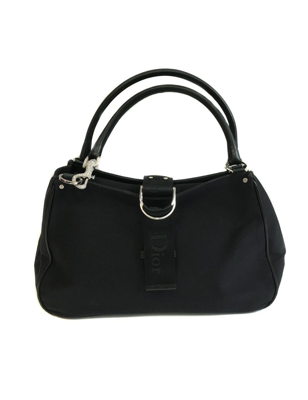 Sac DIOR en toile noire et mousqueton strass