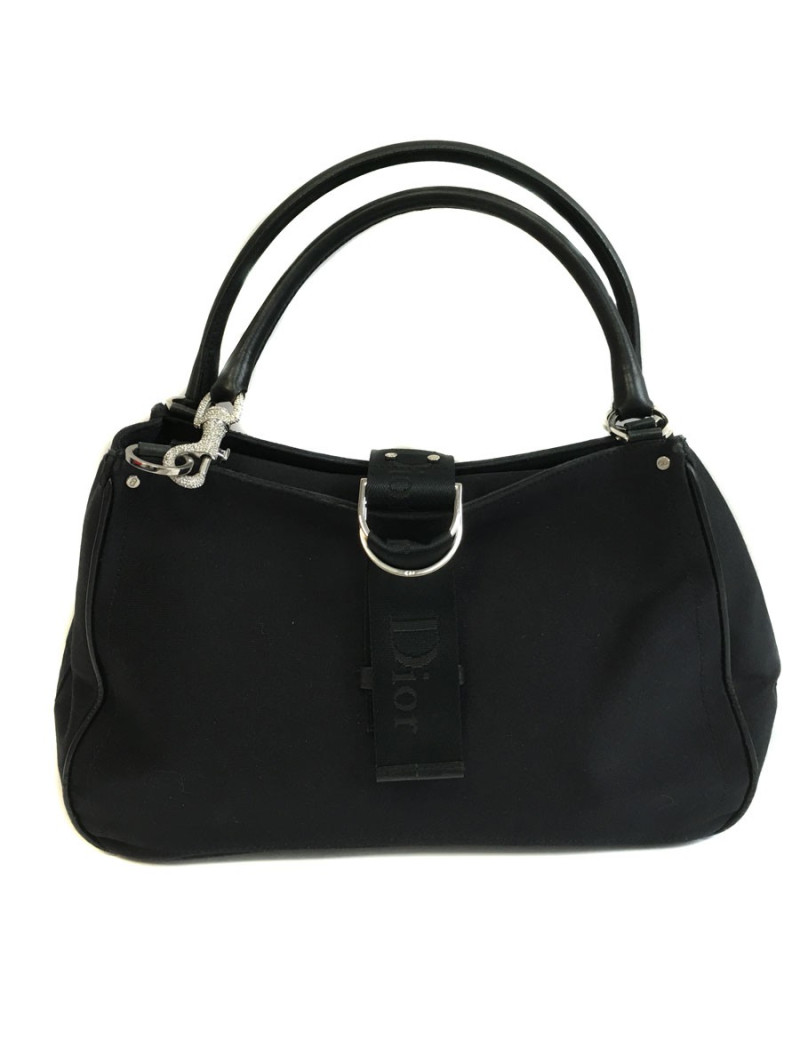 Sac DIOR en toile noire et mousqueton strass