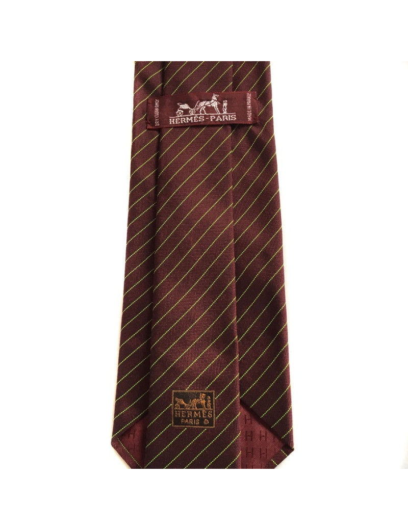 HERMÈS tie in burgundy silk and cashmere with fluo green lines