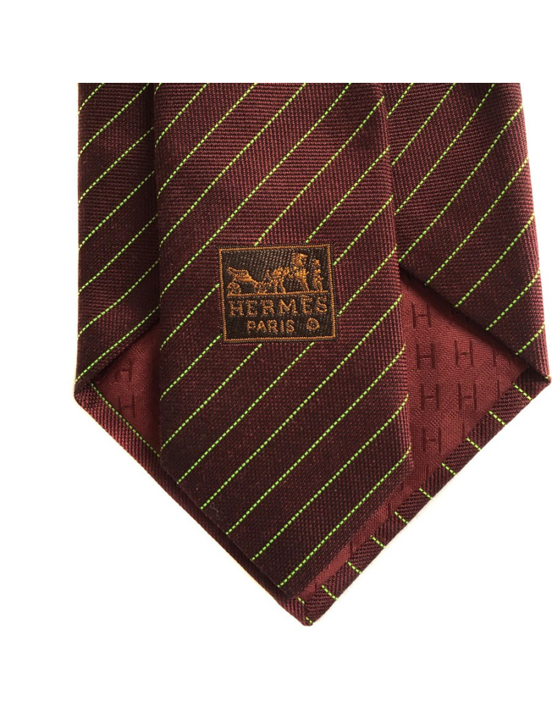 HERMÈS tie in burgundy silk and cashmere with fluo green lines